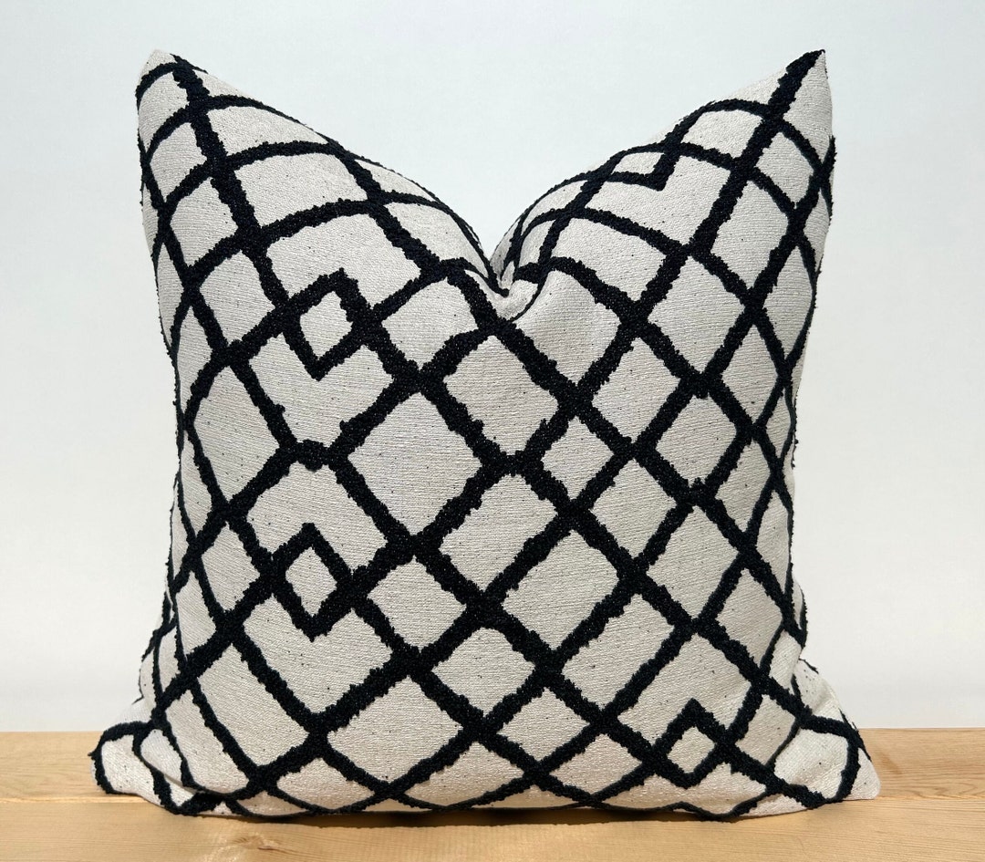 Black and White Geometric Throw Pillow, Black White Euro Sham Cover 22x22, Textured Couch Pillow