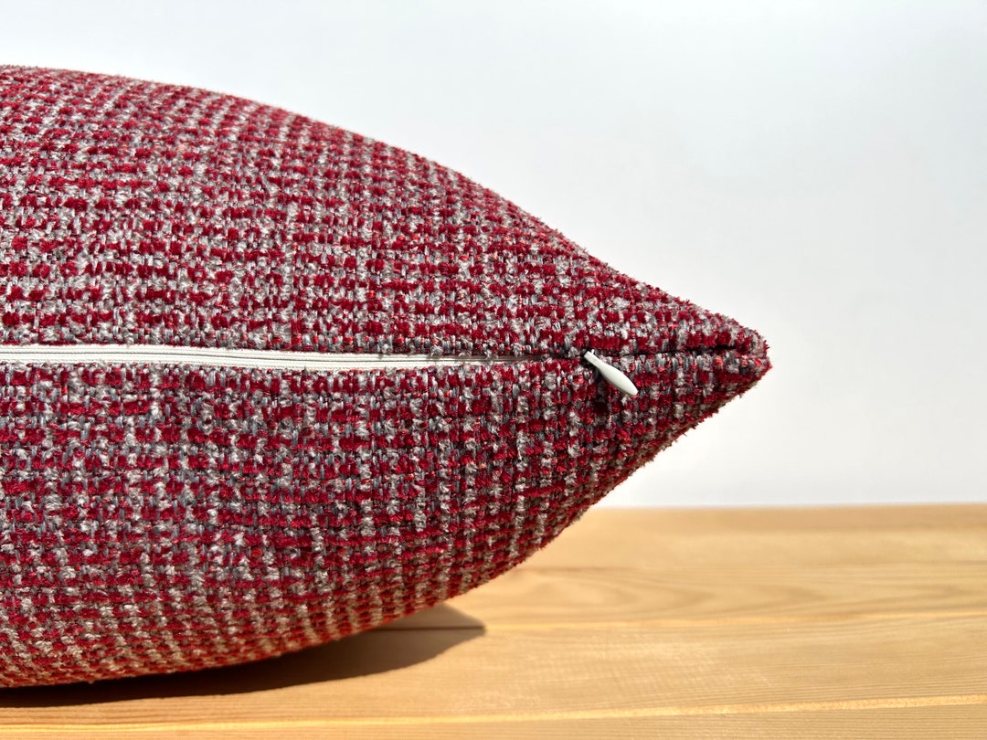 Red Gray Boho Pillow Cover, Red Boucle Throw Pillow, Boucle Textured