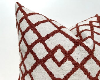 Terracotta Off White Geometric Pillow Cover, Terracotta Linen Throw Pillow, Textured Euro Sham, Terracotta Sofa Cushion, Couch Lumbar Pillow