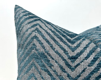 Dark Teal and Gray Zigzag Striped Pillow, Turquoise Chevron Textured Euro Sham, Teal Linen Cushion Cover 26x26, Turquoise Lumbar Pillow