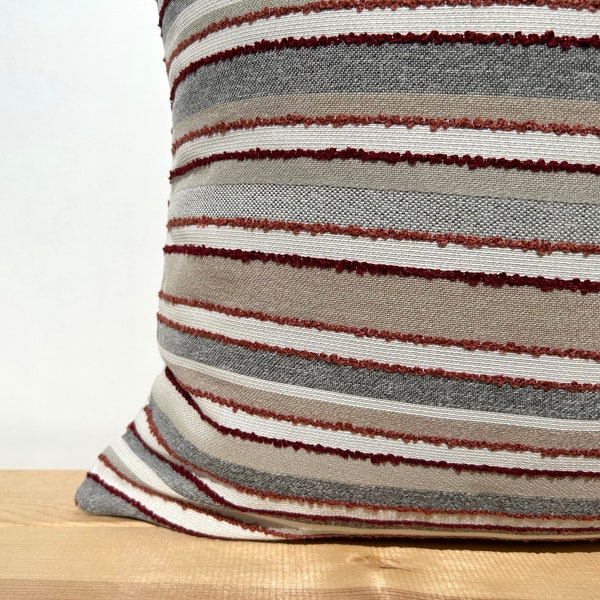 Gray-Terracotta-Beige Striped Throw Pillow, Colorful Textured Euro Sham, Gray Terracotta Lumbar Pillow 14x24, Multicolor Sofa Cushion Cover