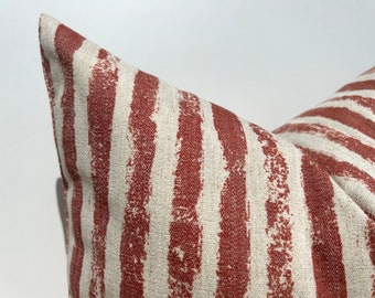 Red Off White Striped Throw Pillow, Brick Color Euro Sham 26x26, Red Lumbar Pillow Cover, Striped Linen Cushion 20x20, Large Striped Pillow