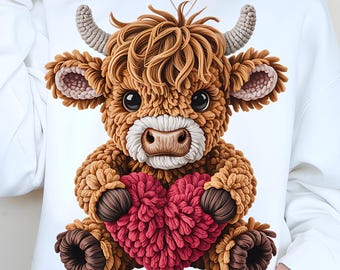 Valentine's Day Highland Cow PNG Faux Yarn Valentine PNG Crochet Valentines Day Png Digital Download Red Heart Sublimation Design