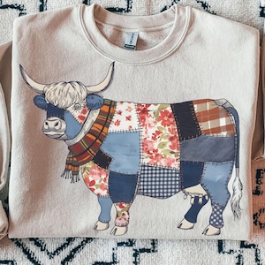 Vaca de las Tierras Altas con Diseño de Patchwork de Otoño PNG, Diseño de Camiseta de Vaca de Otoño, Animal de Granja con Patchwork, Descarga Digital para Sublimación, Patchwork de Otoño, Denim Png