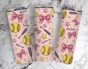 Coquette Softball Tumbler Wrap 20 oz Skinny Tumbler PNG Softball Mama Seamless Sublimation Design