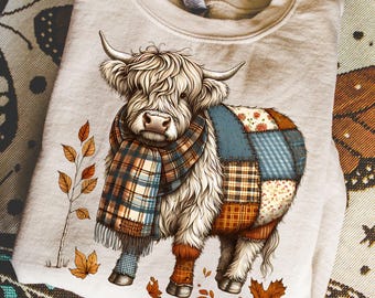 Autumn Patchwork Highland Cow PNG Fall Cow T-Shirt Design Patchwork Farm Animal Digital Download for Sublimation Fall PNG Patchwork PNG