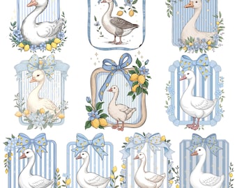Goose PNG Bundle 10 Goose Collection Coquette Lemon 90er Jahre Goose Blue Ribbon Coquette Goose Bögen & Ribbon Rahmen Tshirt Design Clipart