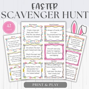 Búsqueda del tesoro de Pascua para niños: 42 tarjetas de pistas imprimibles. Juego de Pascua para interiores y exteriores. Actividad familiar de Pascua. Divertida búsqueda de Pascua.