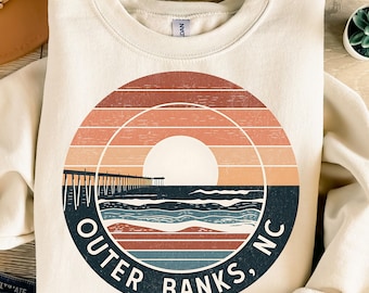 Outer Banks NC PNG – Retro Sunset Circle Beach Design, Faded Vintage OBX Graphic for Sublimation, Coastal Shirt Digital Download
