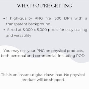 May include: A white background with text detailing a high-quality PNG file with a transparent background, sized at 5,000 x 5,000 pixels. The text states the file can be used on physical products, both personal and commercial, including POD.