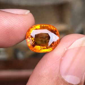 May include: A large, oval-shaped, orange gemstone with a faceted cut. The gemstone is held in a person's hand.
