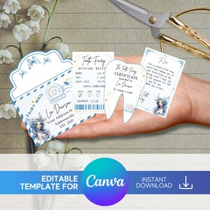 Puede incluir: Un kit de hada de los dientes imprimible con un certificado, un sobre con forma de diente y una nota del hada de los dientes. El certificado está decorado con estrellas doradas y el sobre de diente tiene un diseño de hada azul y blanco. La nota está escrita en una fuente caprichosa e incluye un mensaje del hada de los dientes.