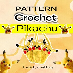 Puede incluir: Patrón de crochet para un llavero Pikachu, con instrucciones para hacer una pequeña bolsa o un estuche para pintalabios. El patrón incluye un primer plano del llavero Pikachu de crochet terminado.