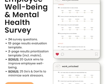 Employee Well-Being Survey | 24 Practical Questions | Employee Wellbeing & Mental Health Survey Results Template | Action Plan Templates