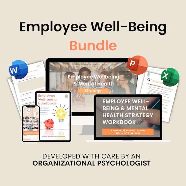 Employee Wellbeing Workbook | Employee Wellbeing & Mental Health Strategy | +15 editable HR and Leader Templates | +20 practical initiatives