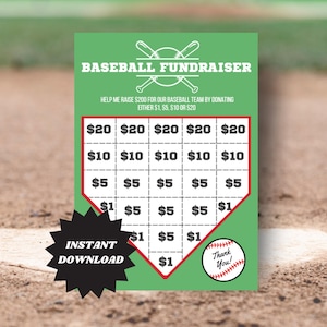 Printable Baseball Fundraiser Sheet | Raise Up To 200 Dollars | PDF Digital Download