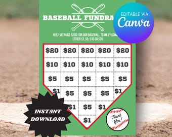 May include: A green baseball fundraiser flyer featuring a white home plate grid with dollar amounts ranging from $1 to $20. The design includes crossed baseball bats, a baseball graphic, and text reading BASEBALL FUNDRAISER, HELP ME RAISE $200, and THANK YOU.