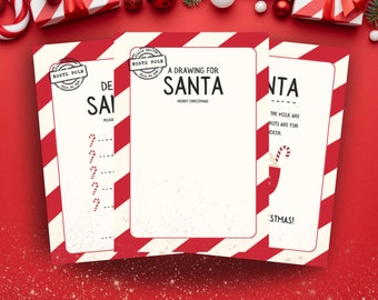 May include: Three printable Christmas cards with red and white candy cane stripes. The first card has a checklist titled "Dear Santa, Please..." with candy canes next to each item. The second card has a drawing space with the title "A Drawing for Santa, Merry Christmas!" The third card has the text "Santa, The milk are rots are for deer, Stmas!"