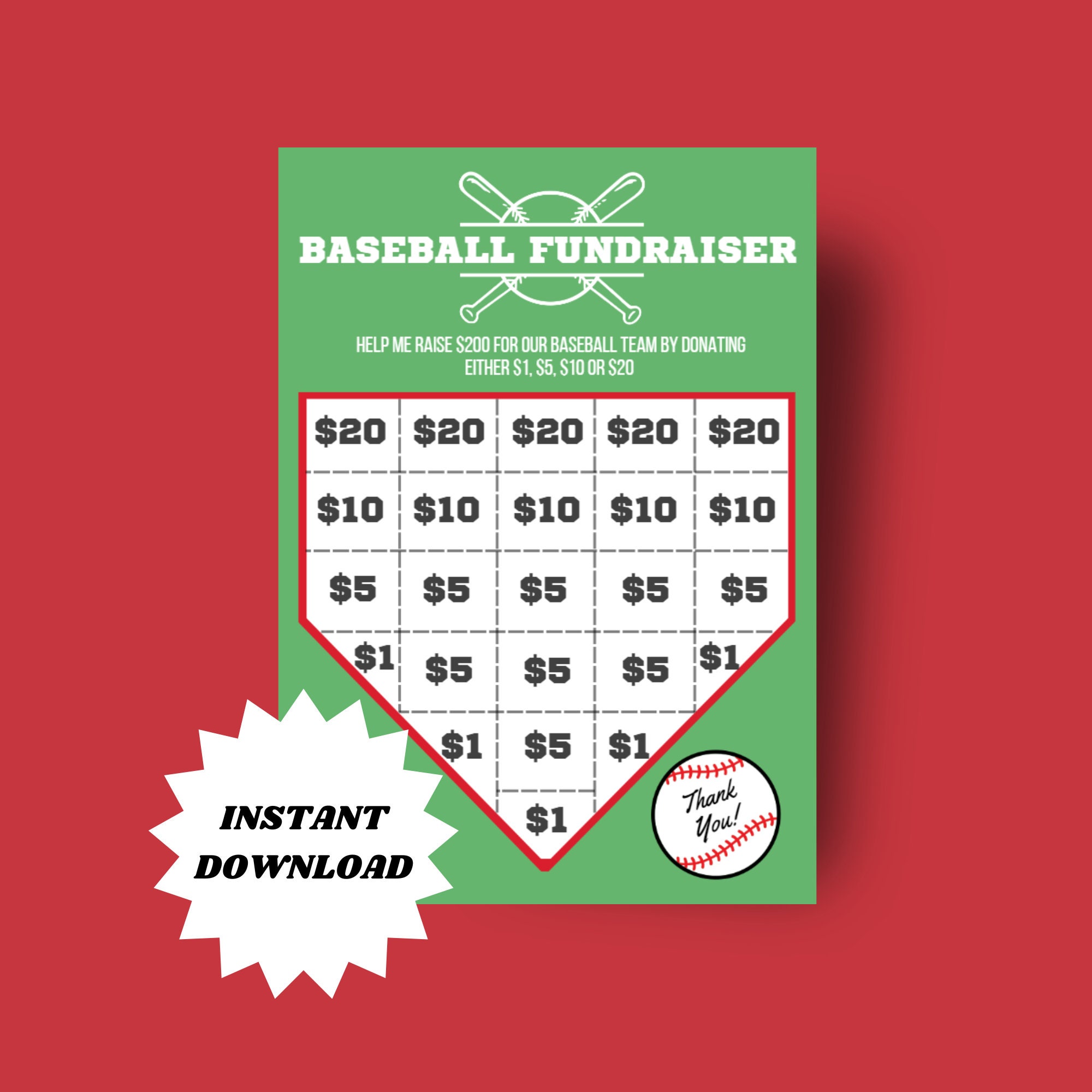 Printable Baseball Fundraiser Sheet | Raise up to 200 Dollars | PDF ...