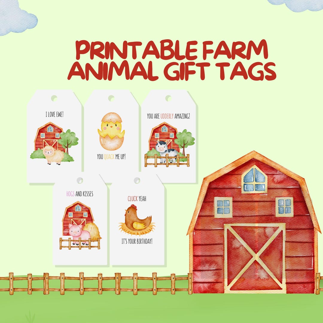 5 X Printable Gift Tags | Cute Farm Animal Gift Tags | Digital Download ...