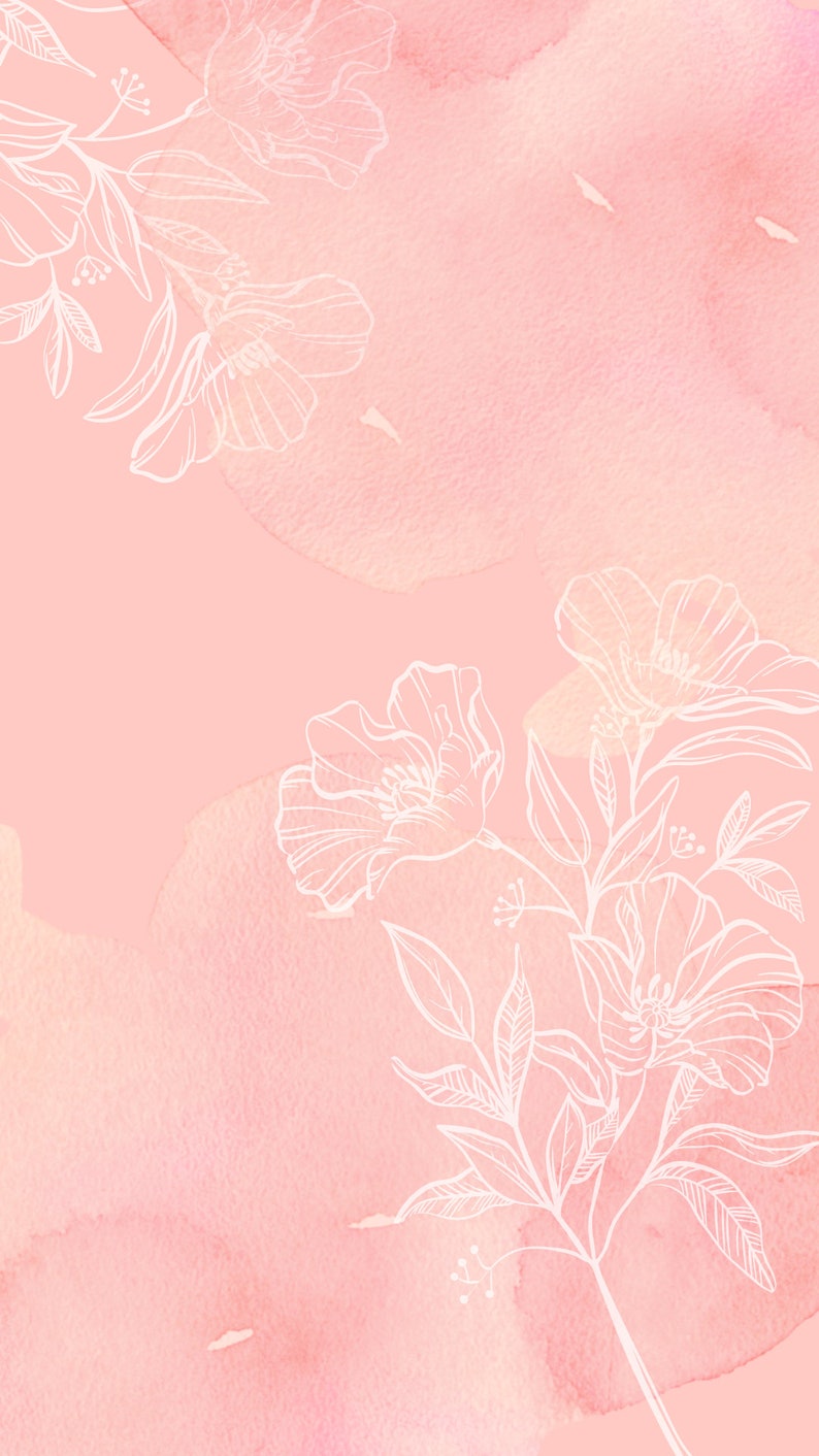 K&ouml;nnte beinhalten: Ein rosa Aquarellhintergrund mit wei&szlig;en Linienzeichnungen von Blumen und Bl&auml;ttern.