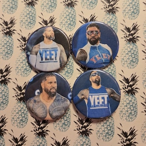 May include: Four circular badges featuring a man in different poses. The badges are blue and white, with the word "YEET" printed on some of the shirts. The background is a repeating pattern of pineapples.