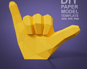 Mano ispirata alle emoji - Shaka / Hang Loose - Modello di modello di carta low poly fai-da-te, mestiere di carta