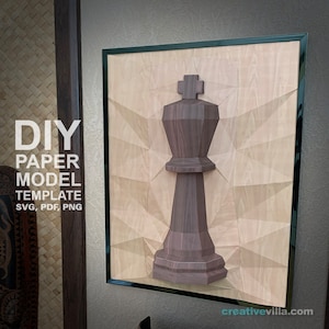 Plantilla de modelo de papel de baja poli, escultura de pared en relieve 3D de Chess King, artesanía de papel