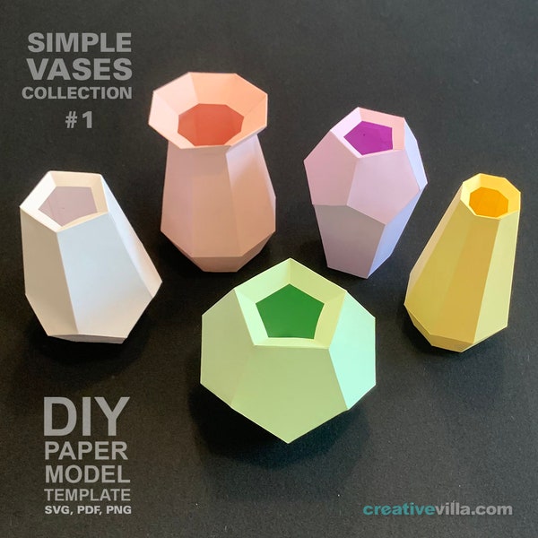 Simple Vases Collection #1 (Sets 1-5) DIY Low Poly Paper Model Template, Paper Craft