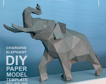 Elefante in carica - modello di modello di carta low poly fai da te, creazione con la carta