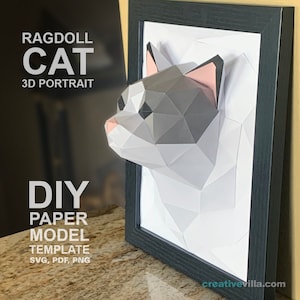 Ragdoll Cat 3D Portrait Wall Sculpture DIY Low Poly Paper Model Template, Paper Craft image 1