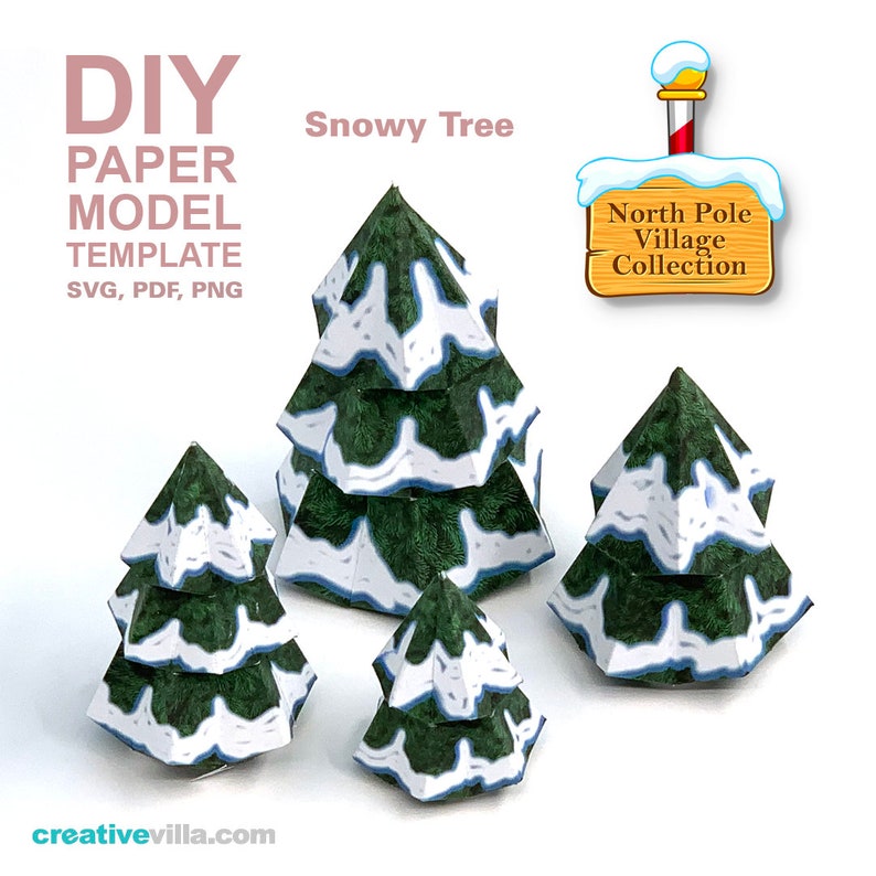 North Pole Village Snowy Tree DIY Polygonal Paper Art Model Template, Paper Craft image 2