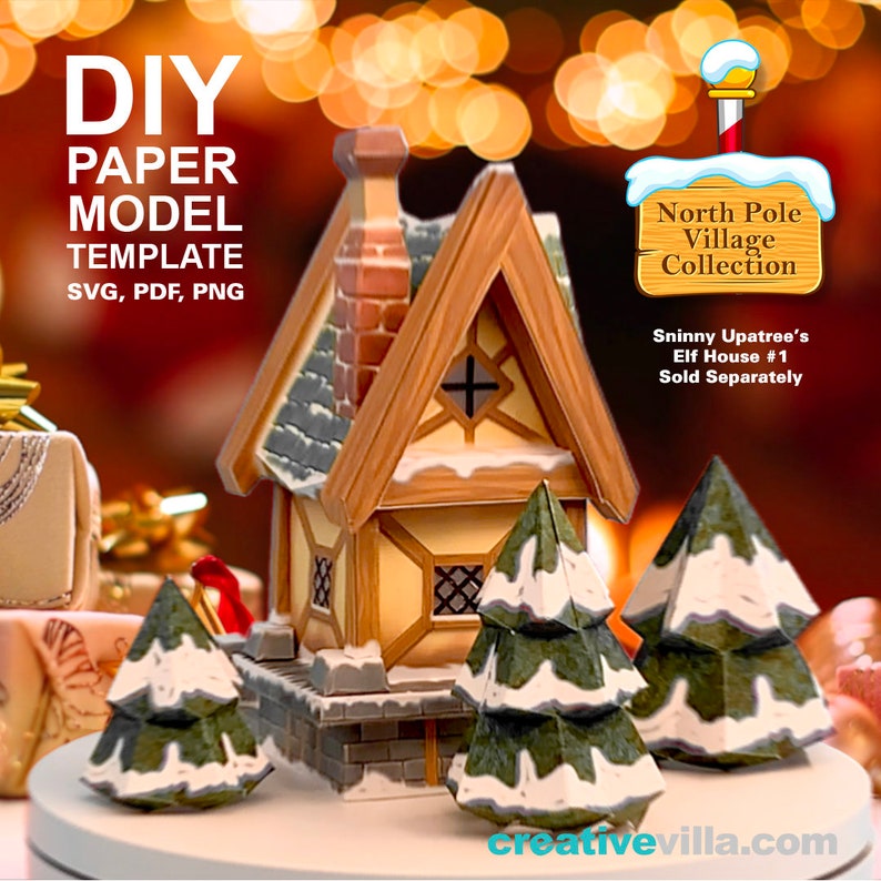 North Pole Village Snowy Tree DIY Polygonal Paper Art Model Template, Paper Craft image 4