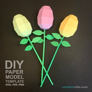 Easter Egg Flower DIY Low Poly Paper Model Template with Stem and Leaves template, Paper Craft image 1