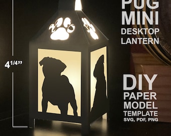 Pug Mini Lanterna de Mesa DIY Modelo de Modelo de Papel Low Poly, Artesanato de Papel Cricut