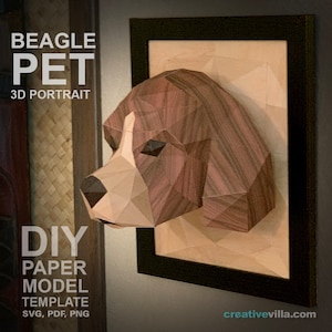Beagle Dog 3D Portrait Wall Sculpture DIY Low Poly Paper Model Template, Paper Craft