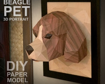 Beagle Dog 3D Portrait Wall Sculpture DIY Low Poly Paper Model Template, Paper Craft
