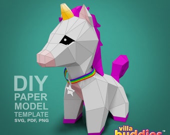 Modello di carta fai da te per unicorno: cartamodello low poly (download digitale)