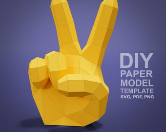 Emoji inspired Hand - Peace Sign - Victory - DIY Low Poly Paper Model Template, Paper Craft
