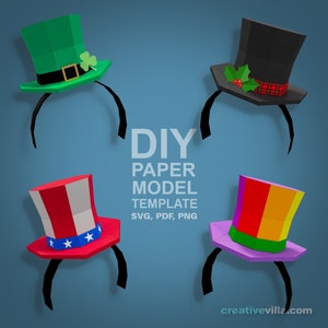 Mini Top Hat Head Bands DIY Low Poly Paper Model Template, Paper Craft image 1