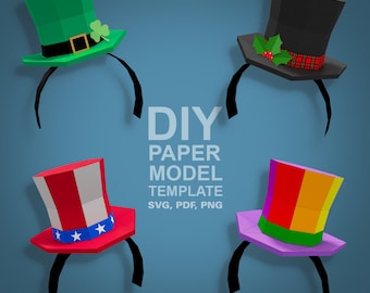 Mini faixas de cabeça de cartola - modelo de modelo de papel DIY Low Poly, artesanato em papel