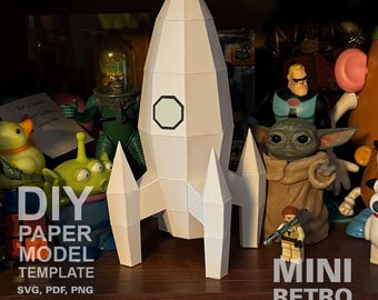 Mini Retro Rocket #3 - DIY Polygonal Paper Art Model Template, Paper Craft
