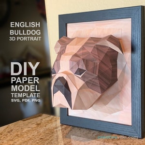 English Bulldog 3D Portrait Wall Sculpture DIY Low Poly Paper Model Template, Paper Craft image 1
