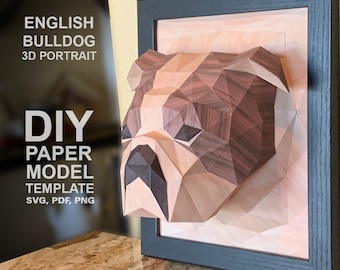 Bulldog inglese ritratto 3D scultura da parete fai da te modello di carta low poly, creazione di carta