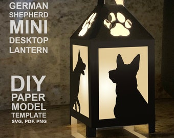 Modello di modello di carta Low Poly fai da te mini lanterna da tavolo pastore tedesco, mestiere di carta Cricut