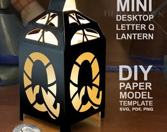 Mini Desktop Letter Q Lantern DIY Low Poly Paper Model Template, Cricut Paper Craft
