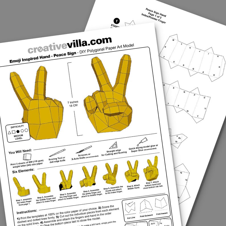 Emoji Inspired Hand - Peace Sign - Victory - DIY Low Poly Paper Model ...