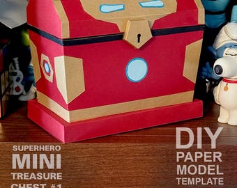 Baú de tesouro de mini super-heróis nº 1 - Modelo de modelo de arte em papel poligonal faça você mesmo, artesanato em papel