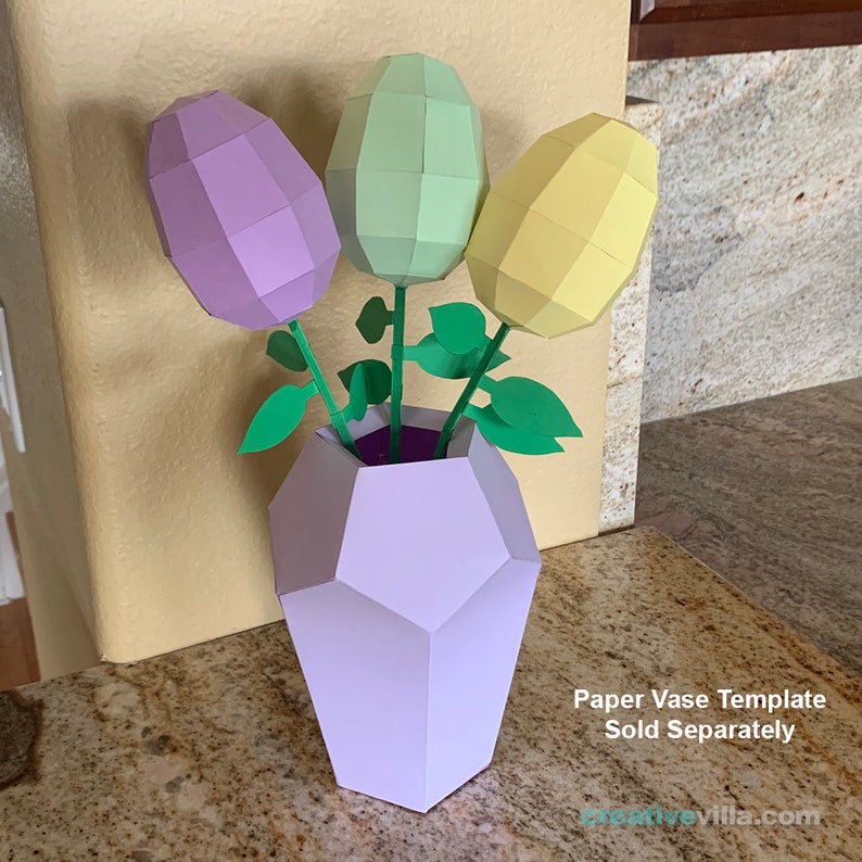 Easter Egg Flower DIY Low Poly Paper Model Template with Stem and Leaves template, Paper Craft image 4