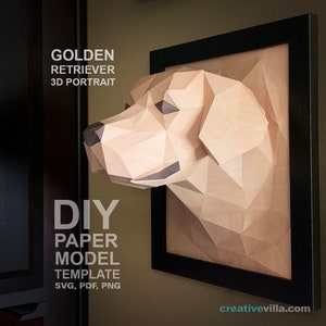 Modello di modello di carta low poly fai da te con ritratto 3D di cane Golden Retriever, scultura da parete, artigianato con la carta
